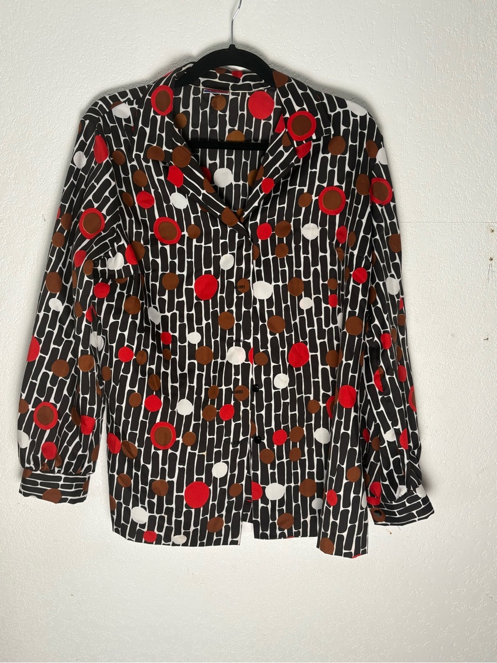 Vintage 1970s Black Patterned Blouse with Red, Brown & White Dots